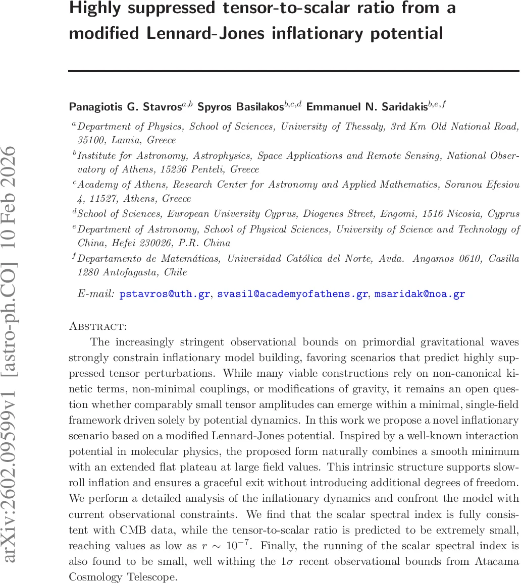 Highly suppressed tensor-to-scalar ratio from a modified Lennard-Jones inflationary potential