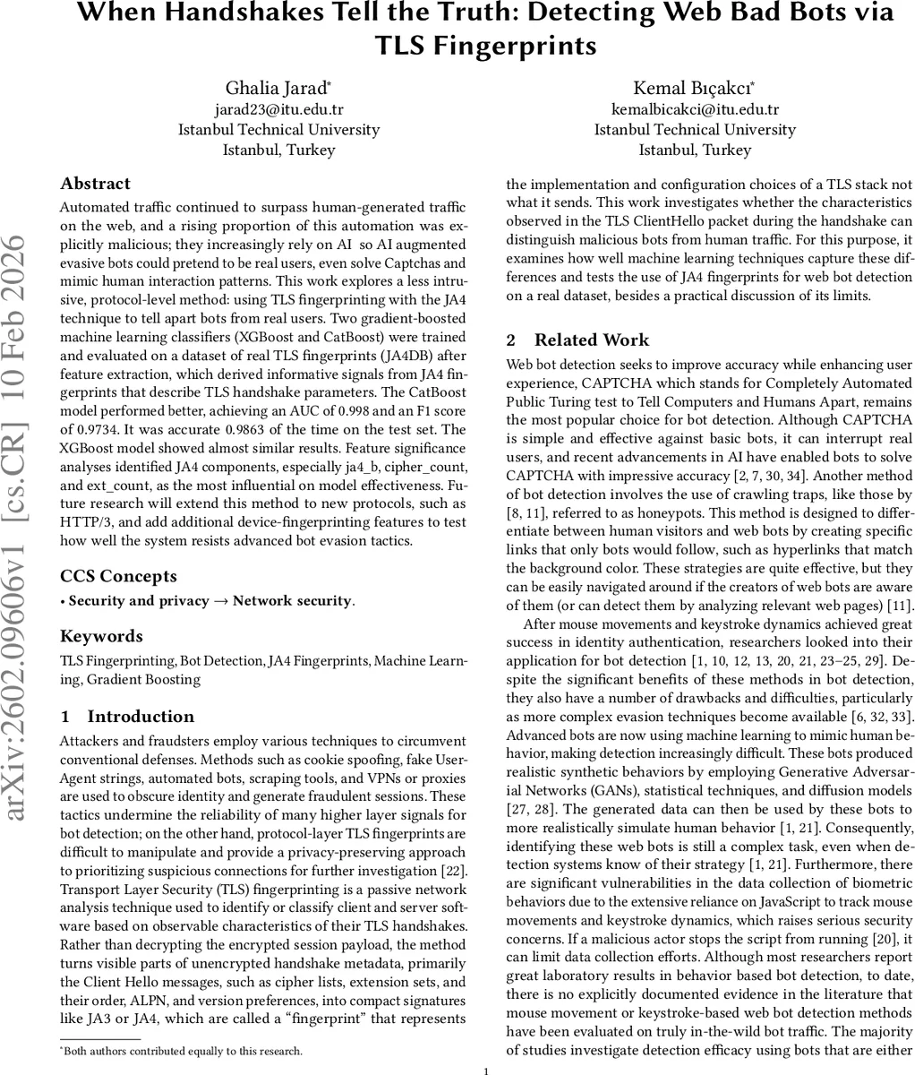 When Handshakes Tell the Truth: Detecting Web Bad Bots via TLS Fingerprints