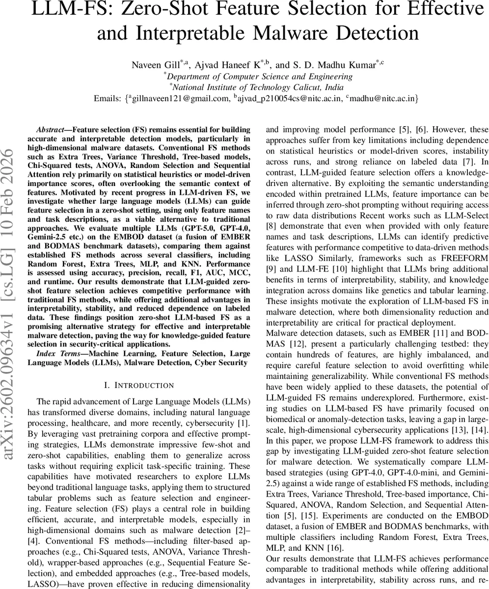 LLM-FS: Zero-Shot Feature Selection for Effective and Interpretable Malware Detection