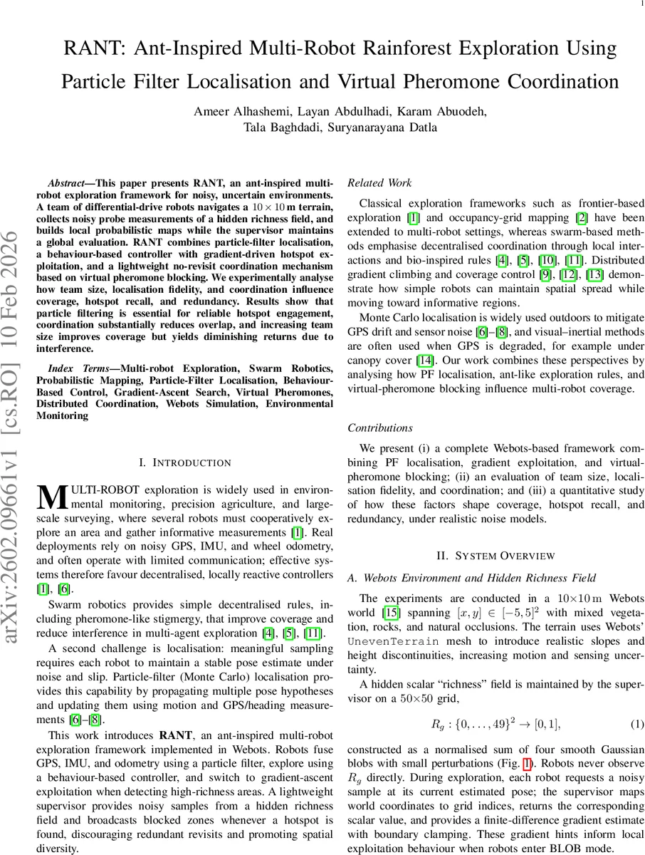 RANT: Ant-Inspired Multi-Robot Rainforest Exploration Using Particle Filter Localisation and Virtual Pheromone Coordination