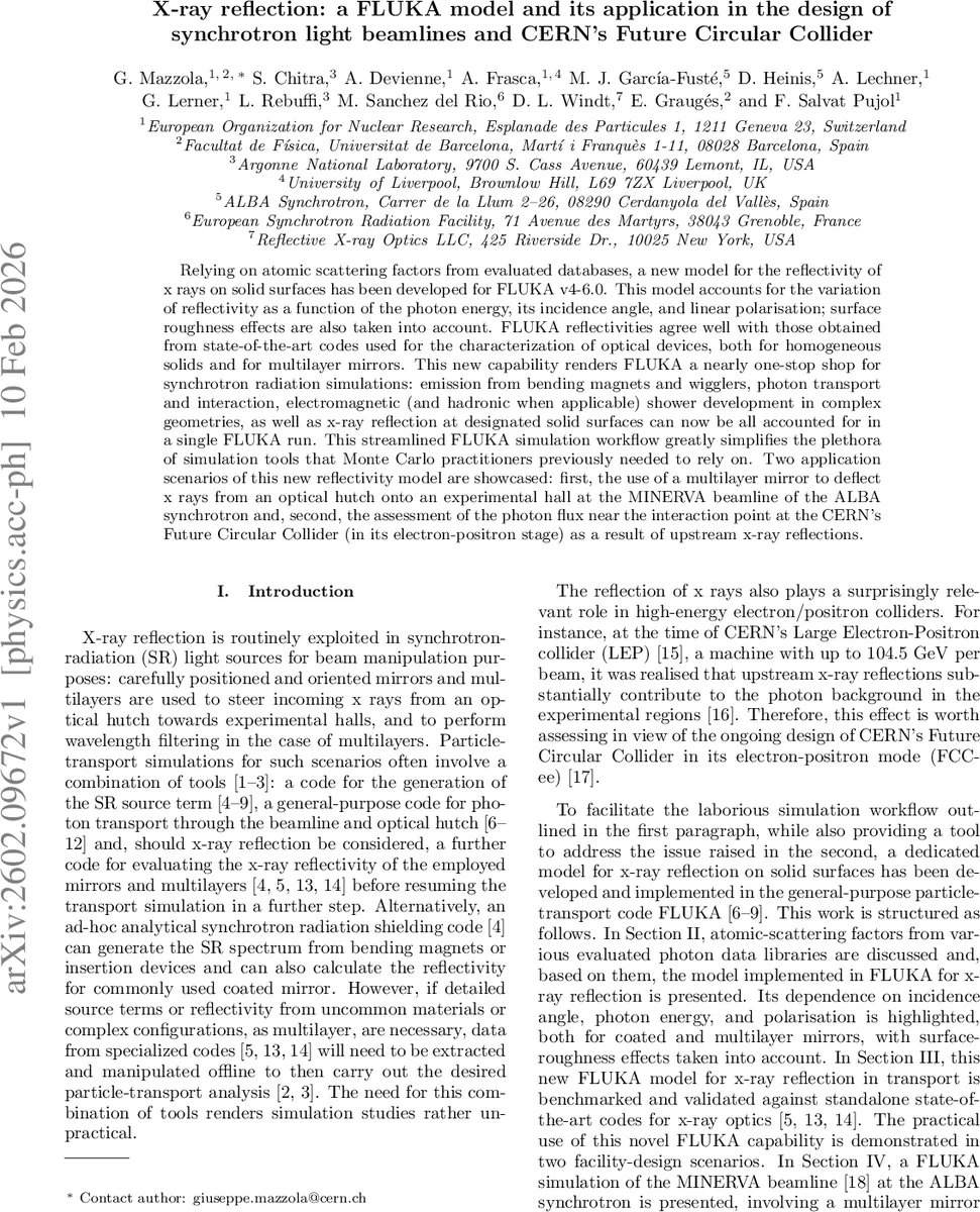 X-ray reflection: a FLUKA model and its application in the design of synchrotron light beamlines and CERN's Future Circular Collider