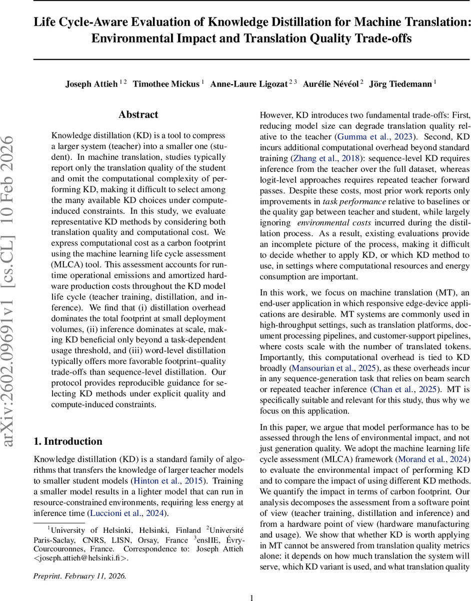Life Cycle-Aware Evaluation of Knowledge Distillation for Machine Translation: Environmental Impact and Translation Quality Trade-offs