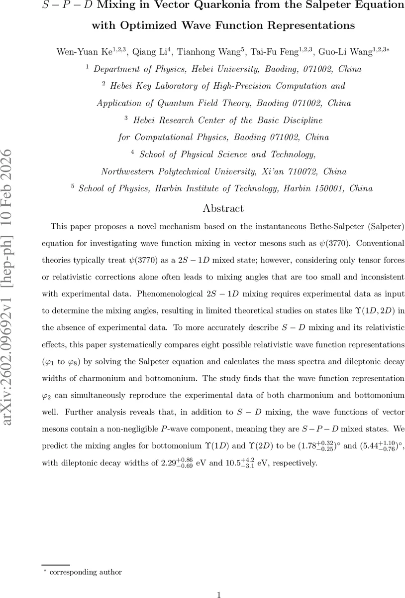 $S-P-D$ Mixing in Vector Quarkonia from the Salpeter Equation with Optimized Wave Function Representations