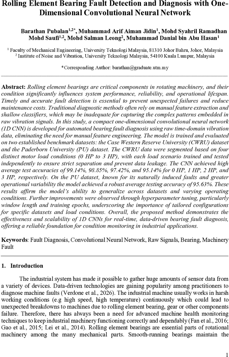 Rolling Element Bearing Fault Detection and Diagnosis with One-Dimensional Convolutional Neural Network