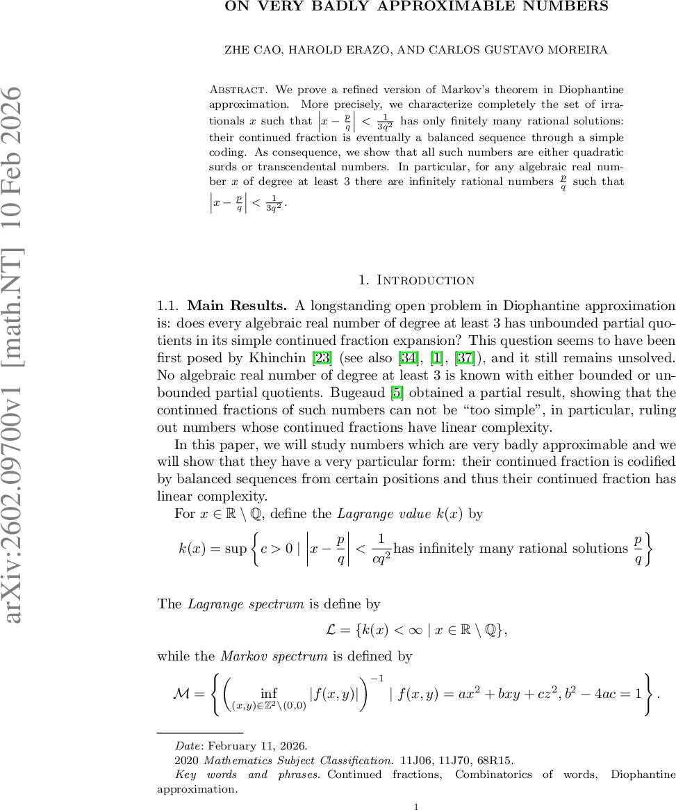 On very badly approximable numbers