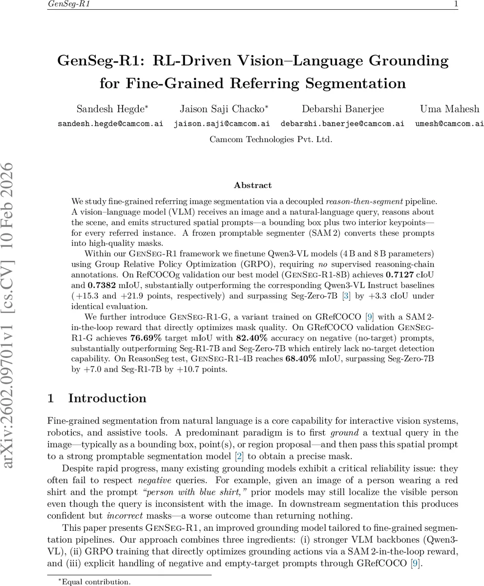 GenSeg-R1: RL-Driven Vision-Language Grounding for Fine-Grained Referring Segmentation