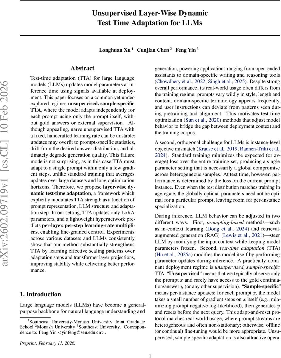 Unsupervised Layer-Wise Dynamic Test Time Adaptation for LLMs