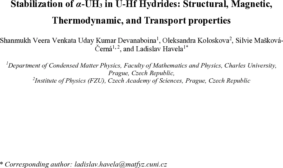 Stabilization of $α$-UH$_3$ in U-Hf Hydrides: Structural, Magnetic, Thermodynamic, and Transport Properties