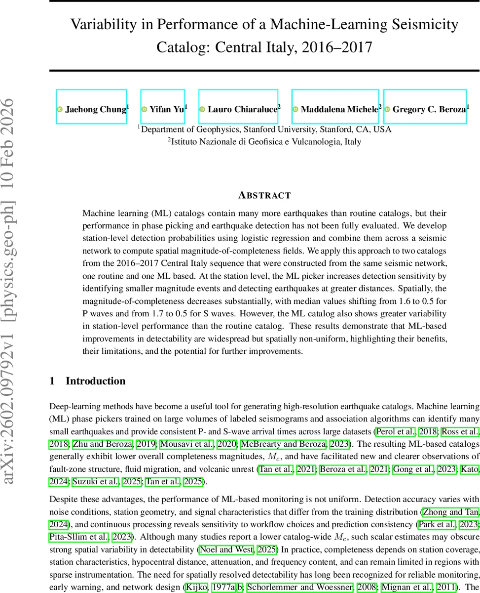 Variability in Performance of a Machine-Learning Seismicity Catalog: Central Italy, 2016-2017