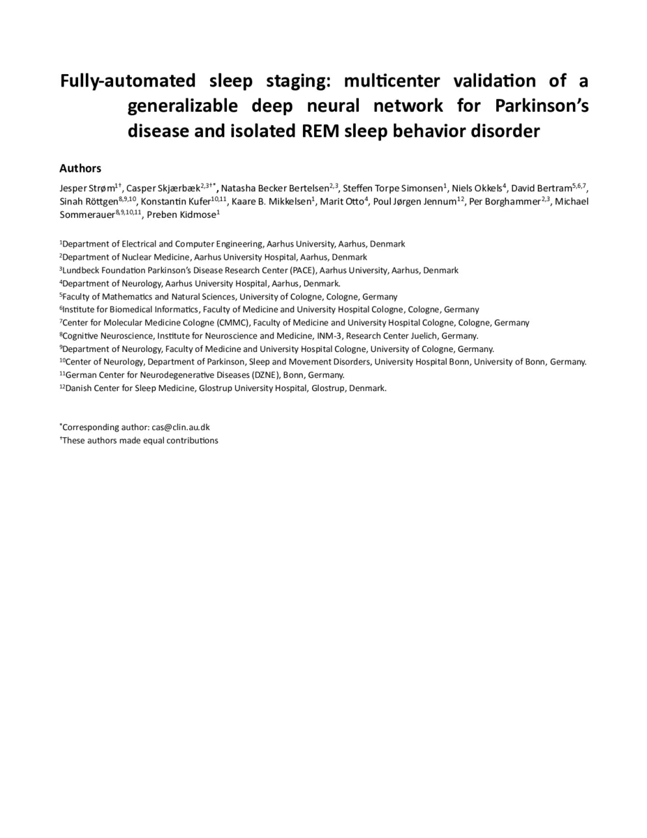 Fully-automated sleep staging: multicenter validation of a generalizable deep neural network for Parkinson's disease and isolated REM sleep behavior disorder