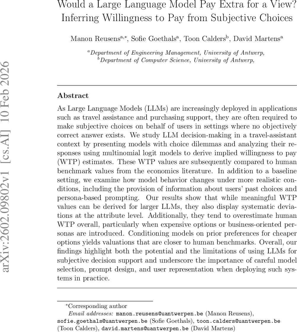 Would a Large Language Model Pay Extra for a View? Inferring Willingness to Pay from Subjective Choices