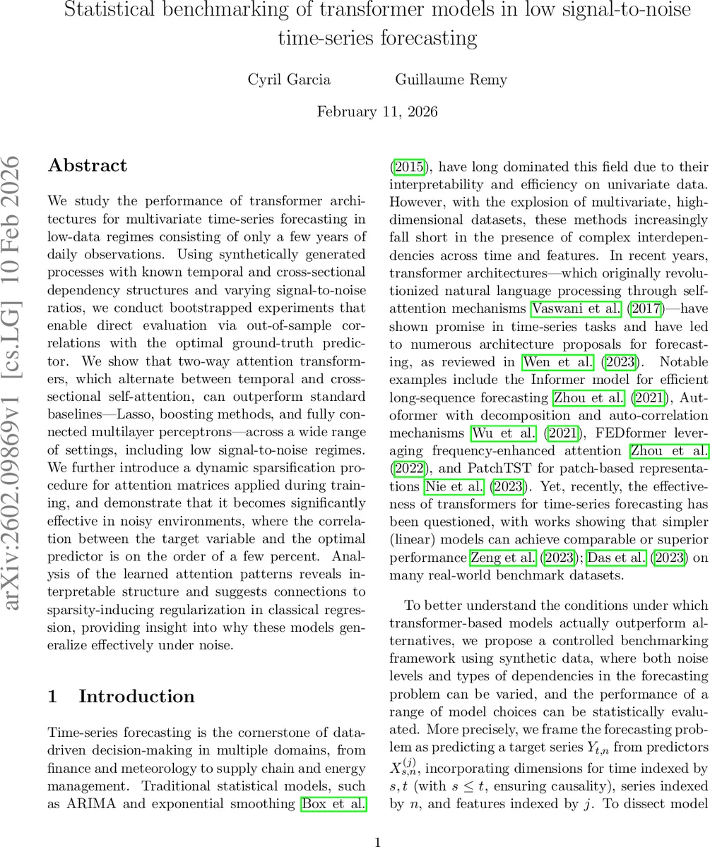 Statistical benchmarking of transformer models in low signal-to-noise time-series forecasting