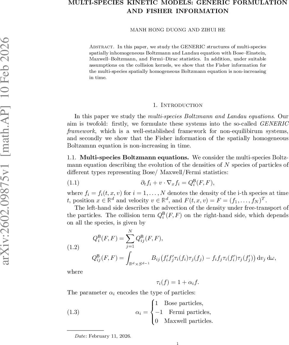 Multi-species kinetic models: GENERIC formulation and Fisher information