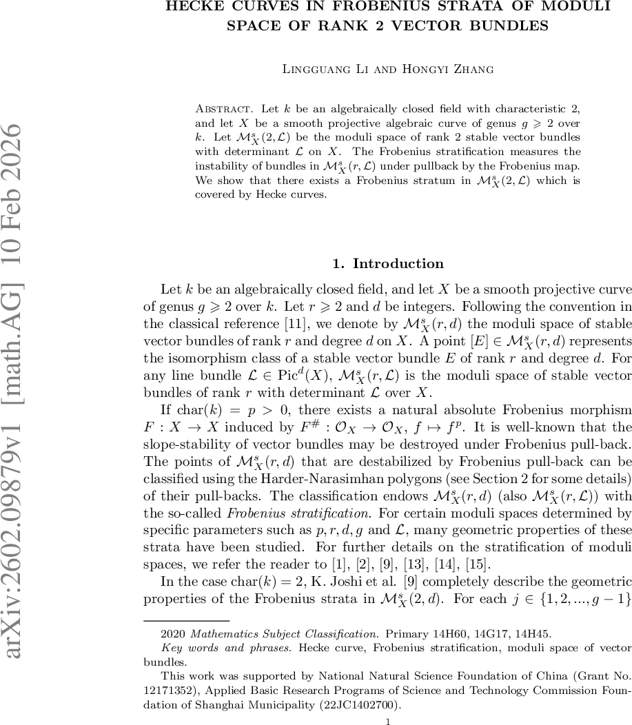 Hecke curves in Frobenius strata of moduli space of rank 2 vector bundles