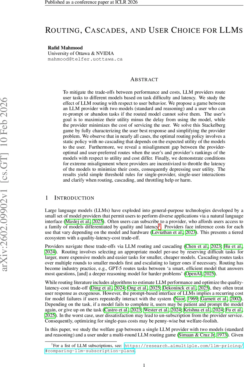 Routing, Cascades, and User Choice for LLMs