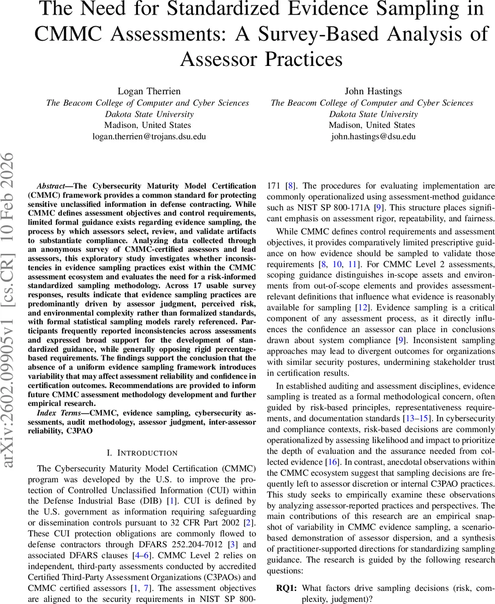 The Need for Standardized Evidence Sampling in CMMC Assessments: A Survey-Based Analysis of Assessor Practices