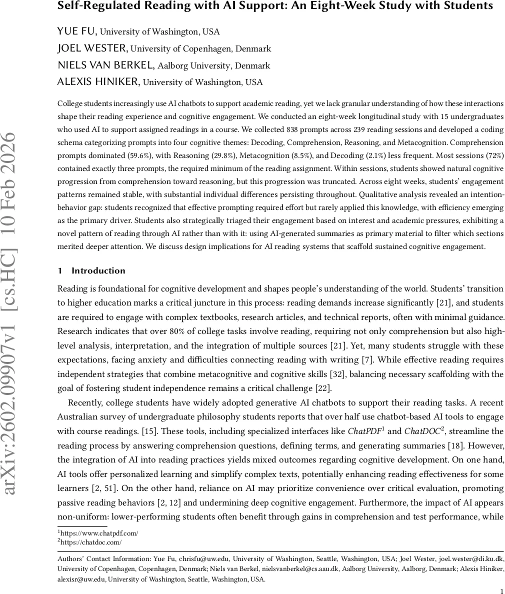 Self-Regulated Reading with AI Support: An Eight-Week Study with Students