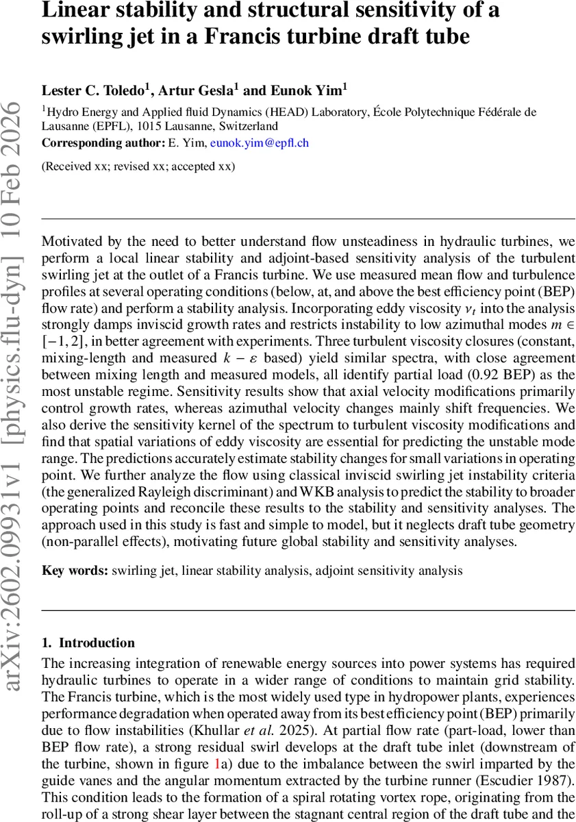 Linear Stability and Structural Sensitivity of a Swirling Jet in a Francis Turbine Draft Tube