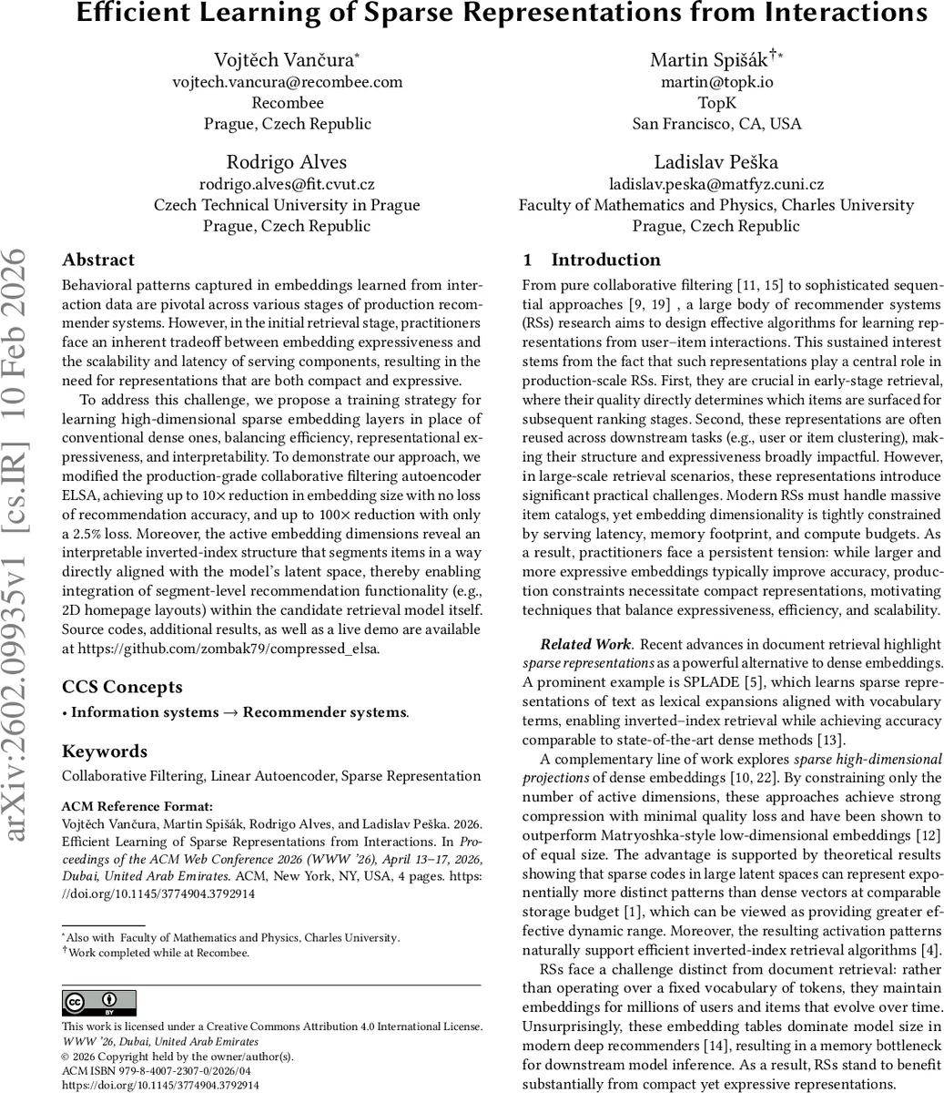 Efficient Learning of Sparse Representations from Interactions