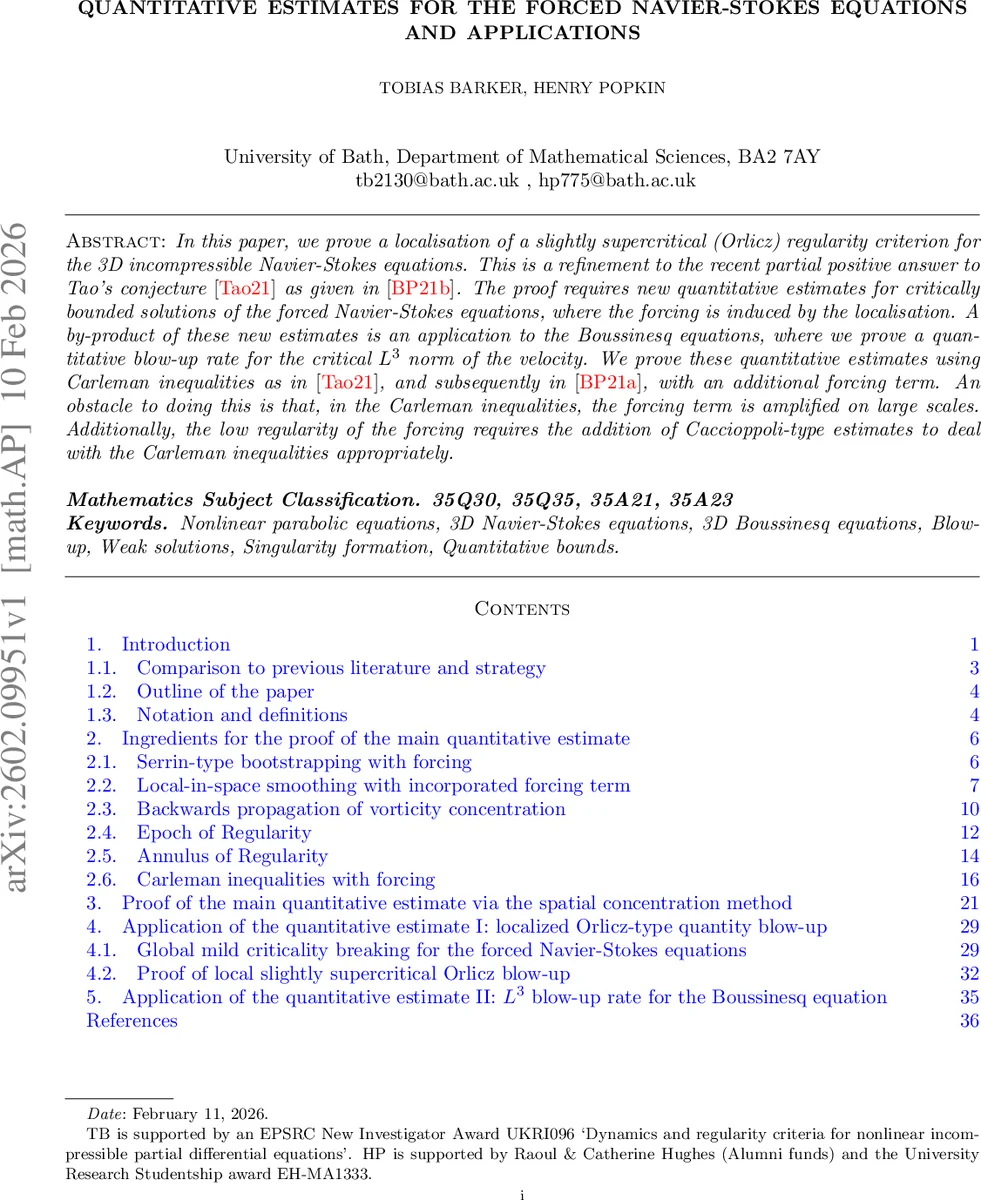 Quantitative estimates for the forced Navier-Stokes equations and applications