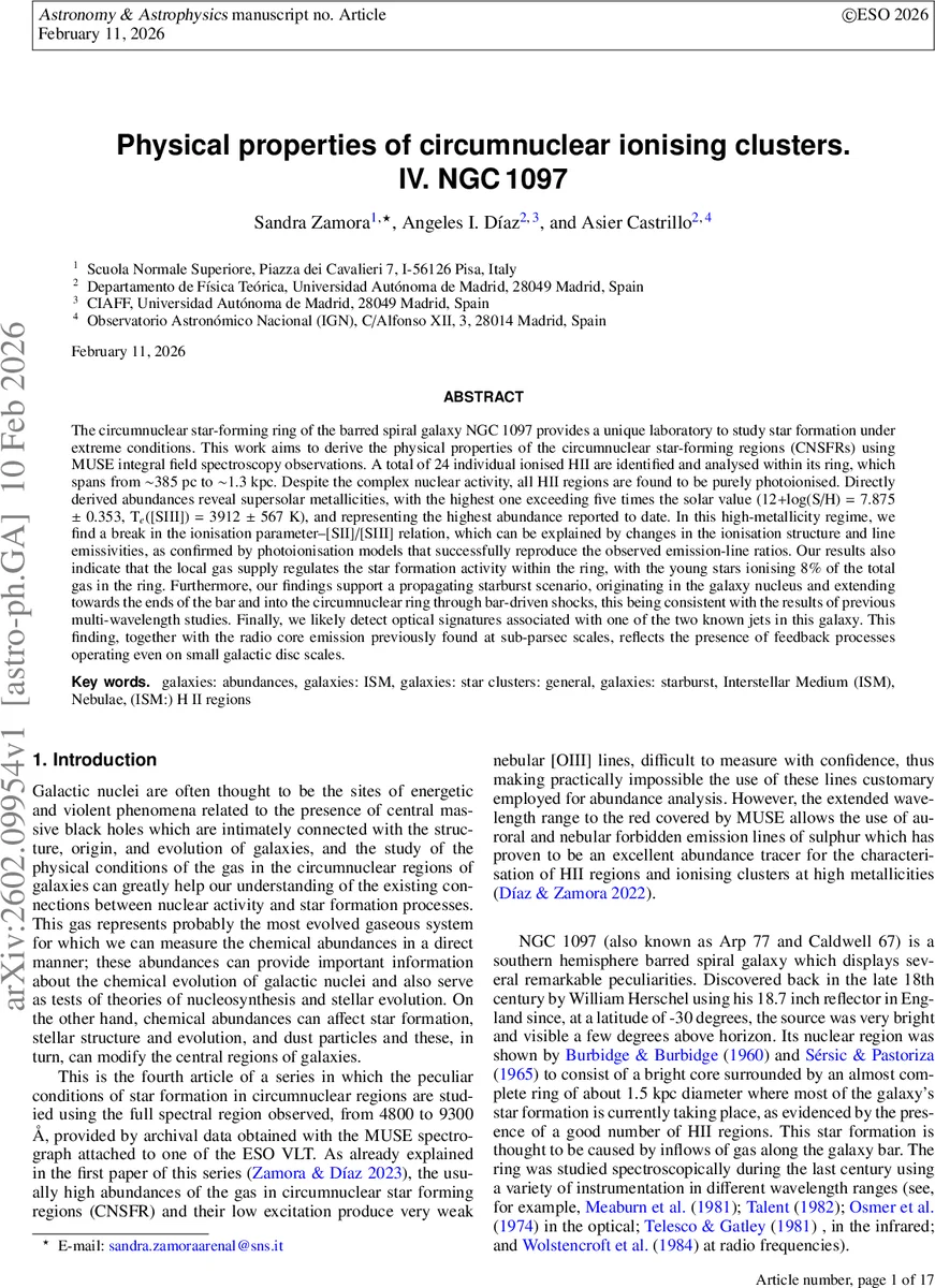 Physical properties of circumnuclear ionising clusters. IV. NGC 1097