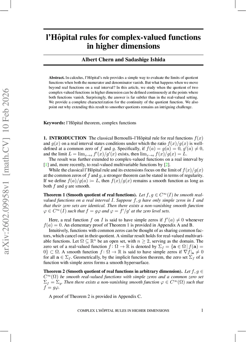 L'Hopital rules for complex-valued functions in higher dimensions