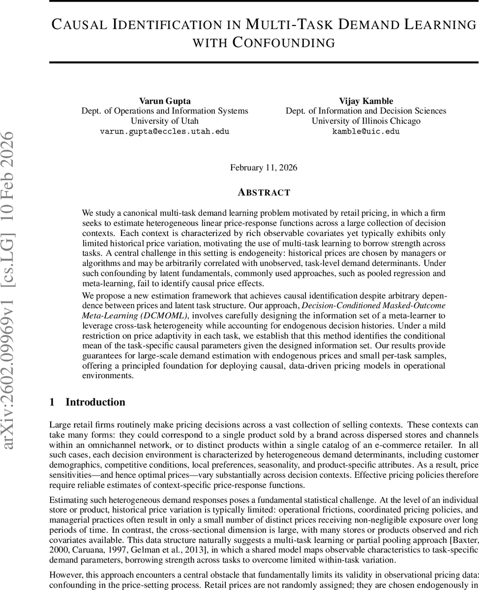 Causal Identification in Multi-Task Demand Learning with Confounding