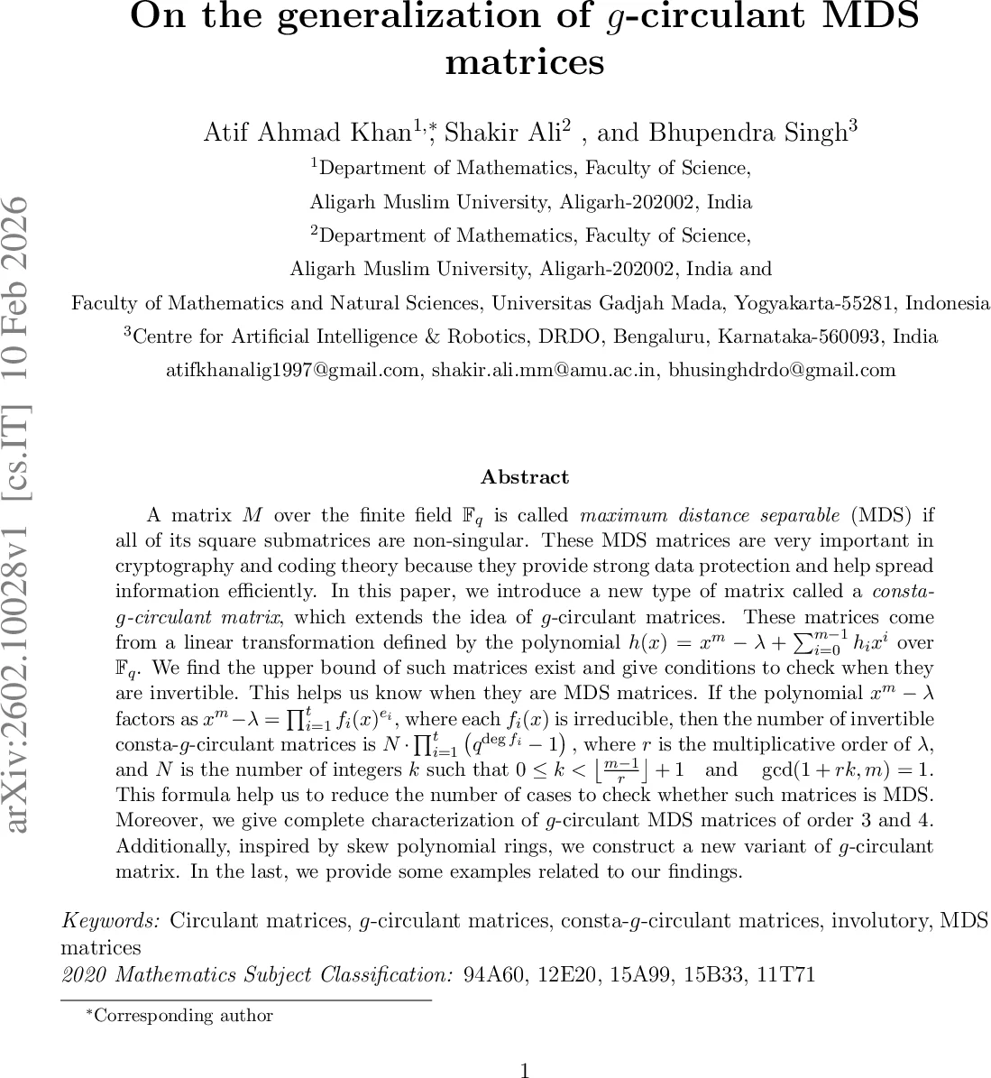 On the generalization of $g$-circulant MDS matrices