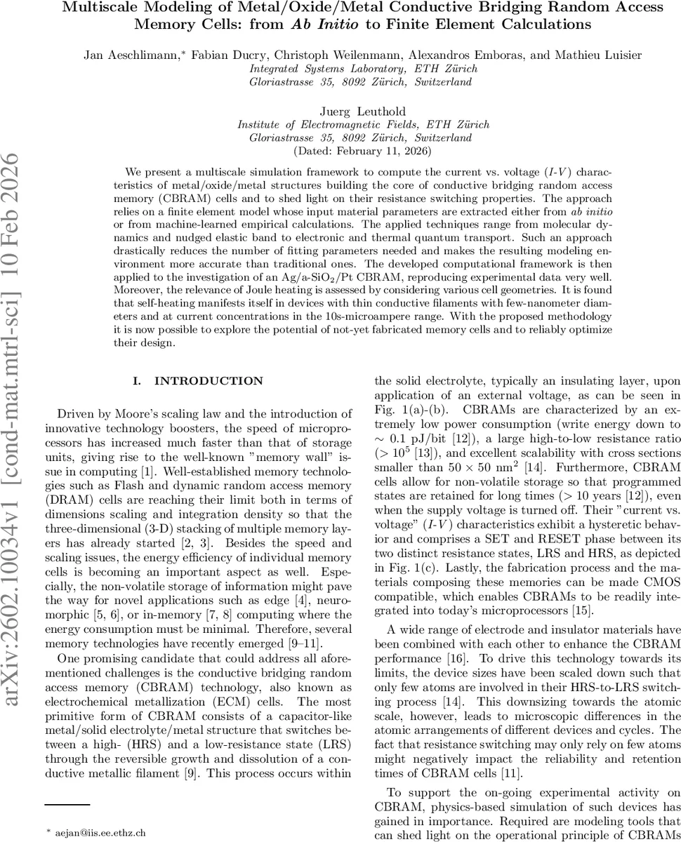 Multiscale Modeling of Metal/Oxide/Metal Conductive Bridging Random Access Memory Cells: from Ab Initio to Finite Element Calculations