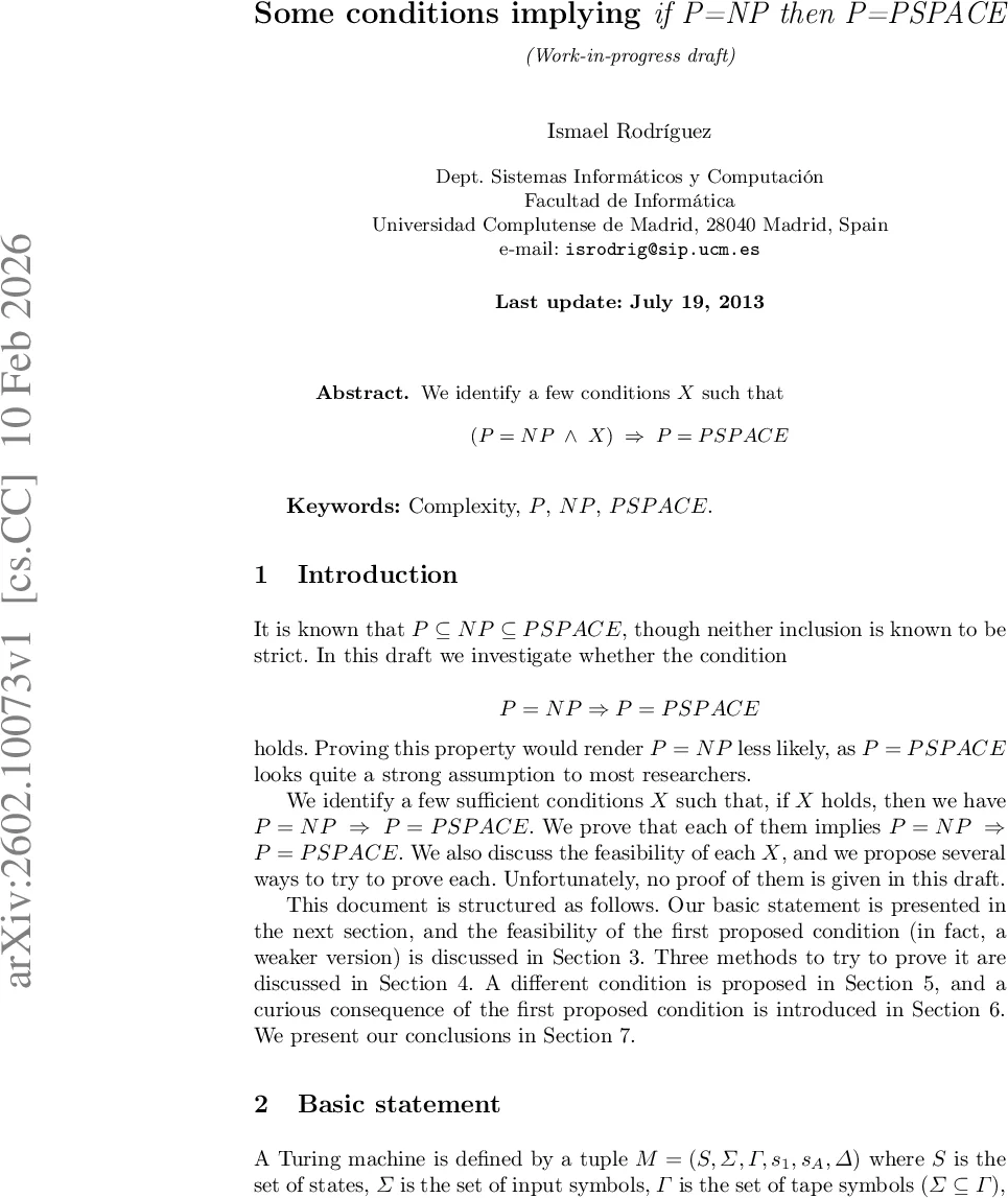Some conditions implying if P=NP then P=PSPACE
