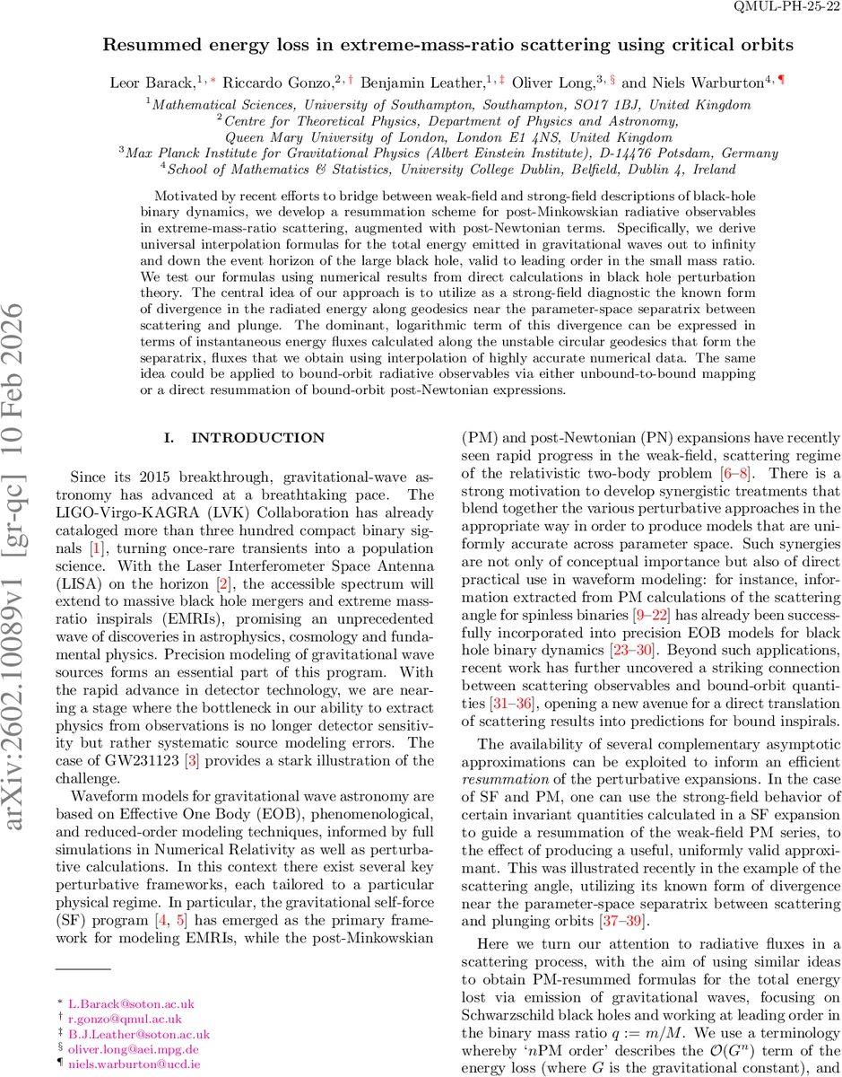 Resummed energy loss in extreme-mass-ratio scattering using critical orbits