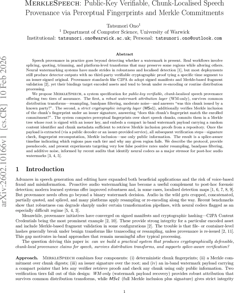 MerkleSpeech: Public-Key Verifiable, Chunk-Localised Speech Provenance via Perceptual Fingerprints and Merkle Commitments