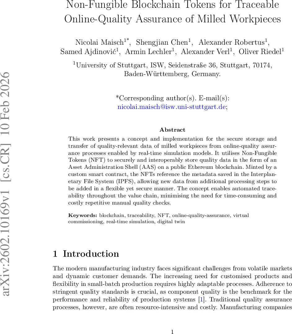 Non-Fungible Blockchain Tokens for Traceable Online-Quality Assurance of Milled Workpieces