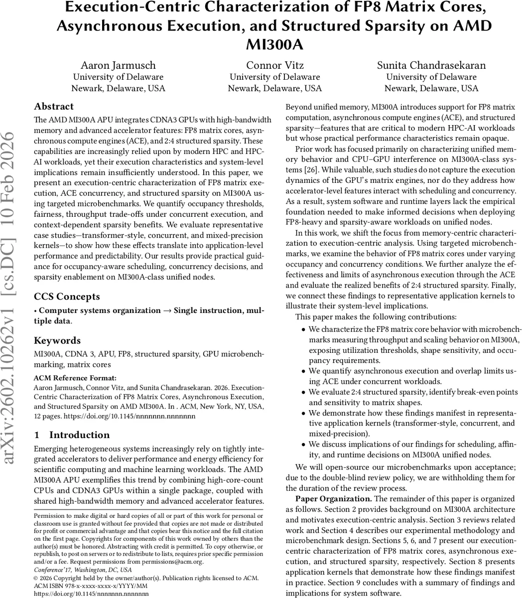 Execution-Centric Characterization of FP8 Matrix Cores, Asynchronous Execution, and Structured Sparsity on AMD MI300A