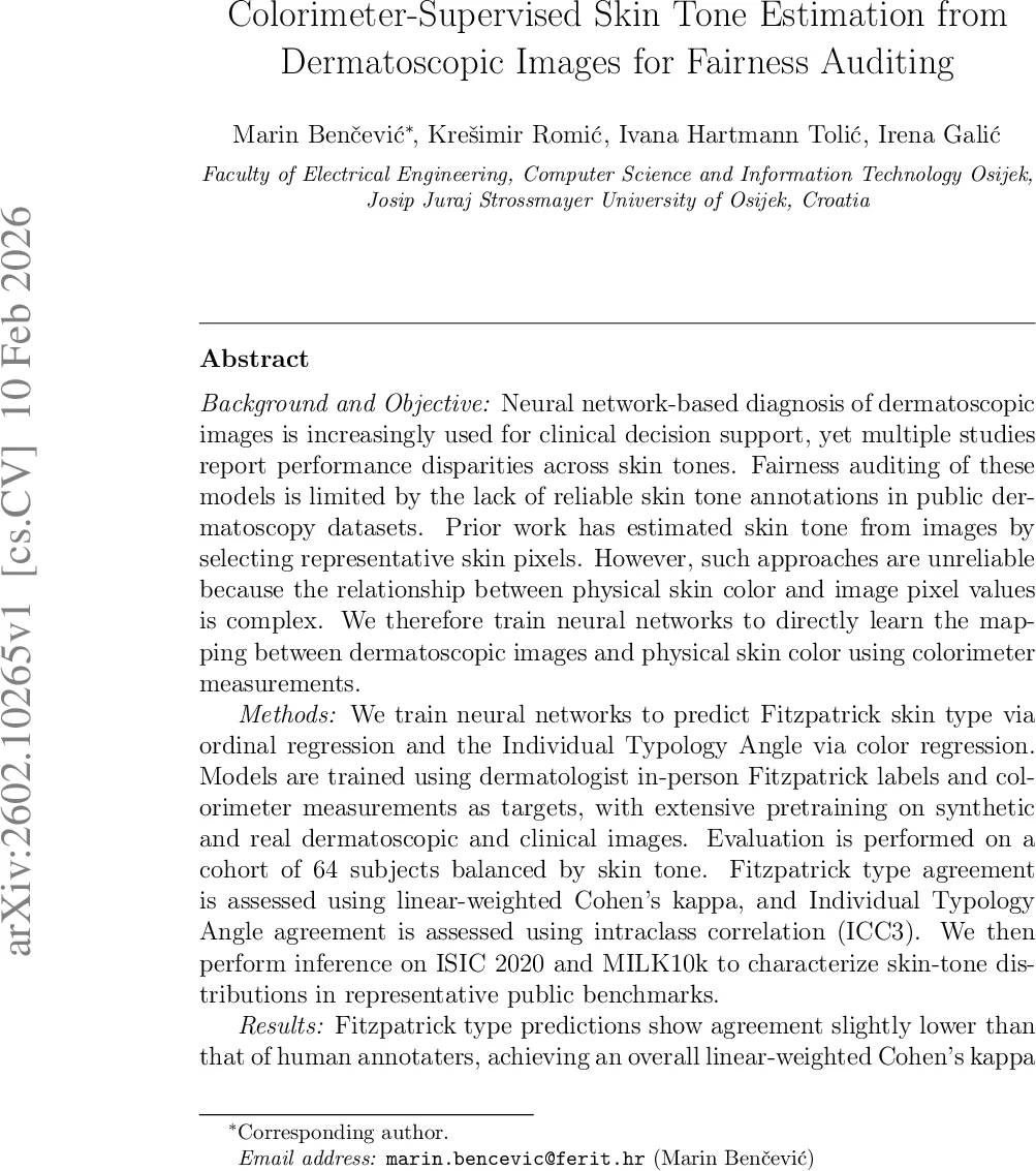 Colorimeter-Supervised Skin Tone Estimation from Dermatoscopic Images for Fairness Auditing