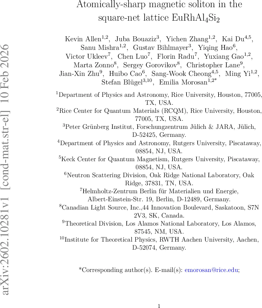 Atomically-sharp magnetic soliton in the square-net lattice EuRhAl$_{4}$Si$_{2}$