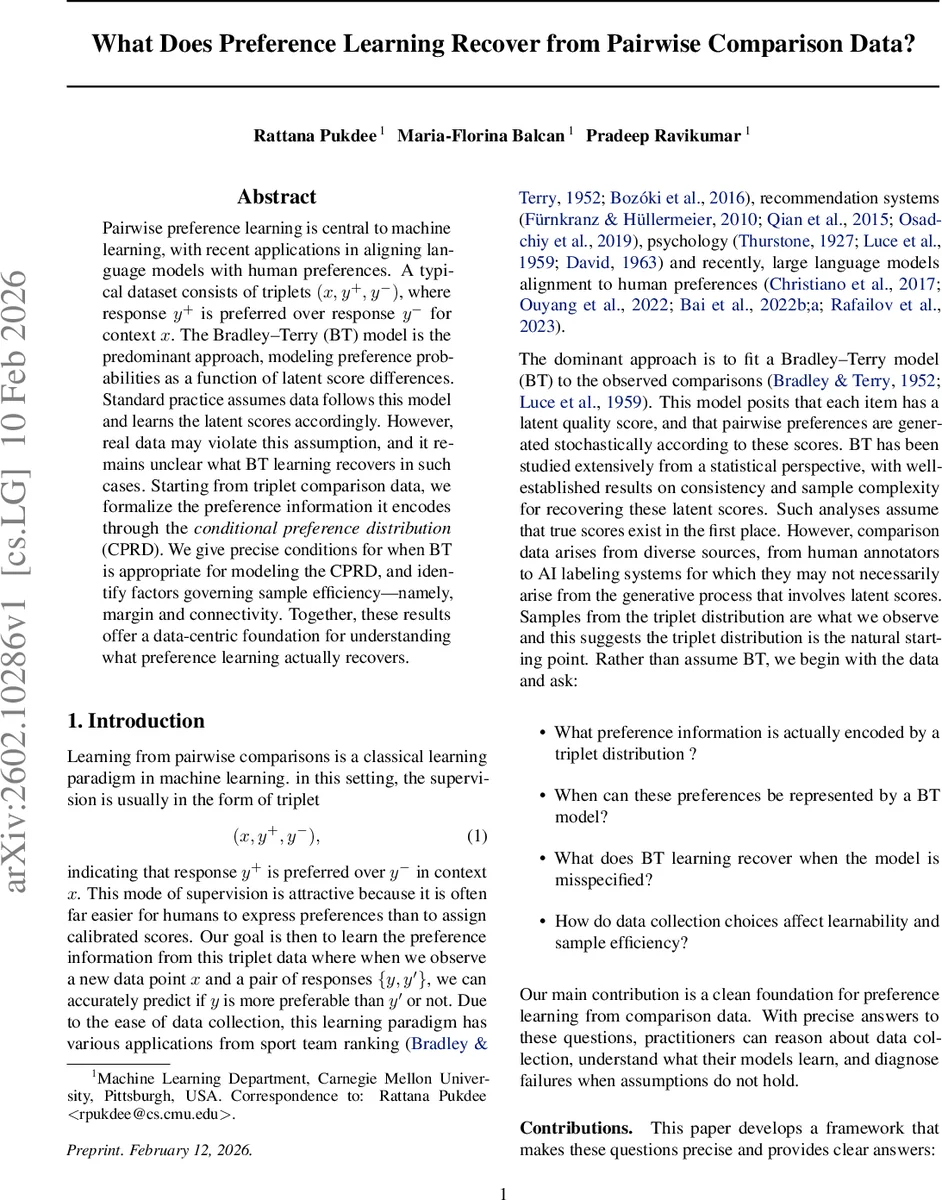What Does Preference Learning Recover from Pairwise Comparison Data?