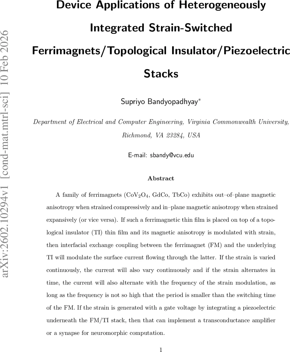 Device Applications of Heterogeneously Integrated Strain-Switched Ferrimagnets/Topological Insulator/Piezoelectric Stacks