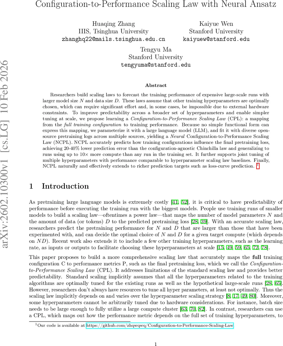 Configuration-to-Performance Scaling Law with Neural Ansatz