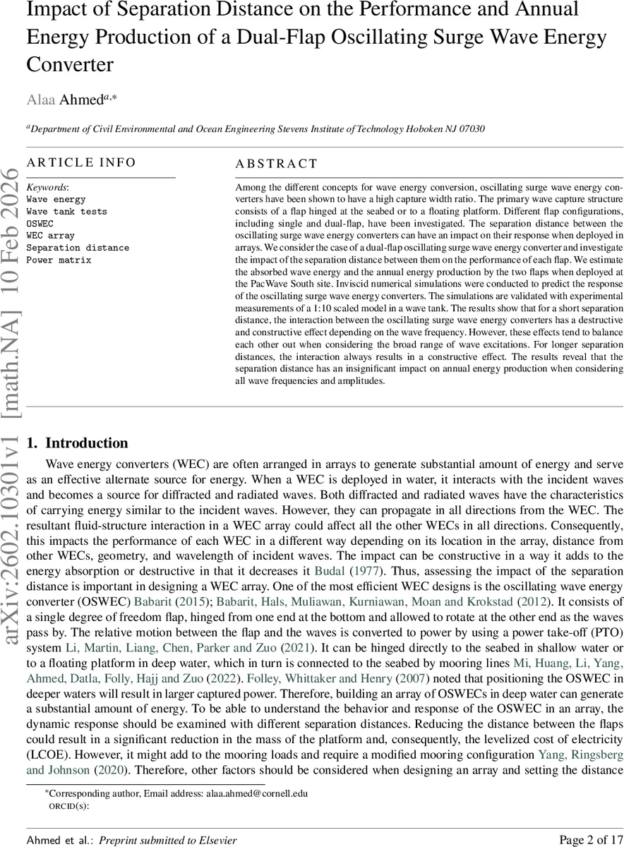 Impact of Separation Distance on the Performance and Annual Energy Production of a Dual-Flap Oscillating Surge Wave Energy Converter