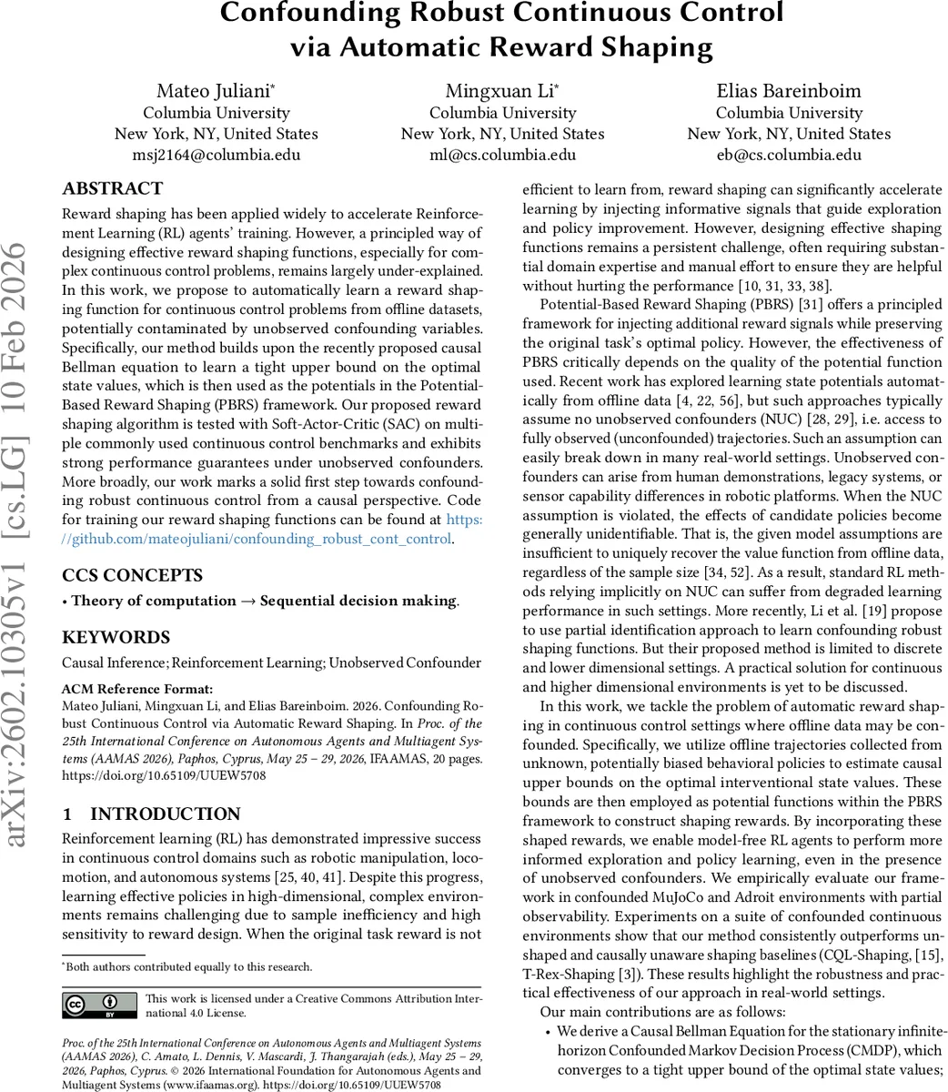 Confounding Robust Continuous Control via Automatic Reward Shaping