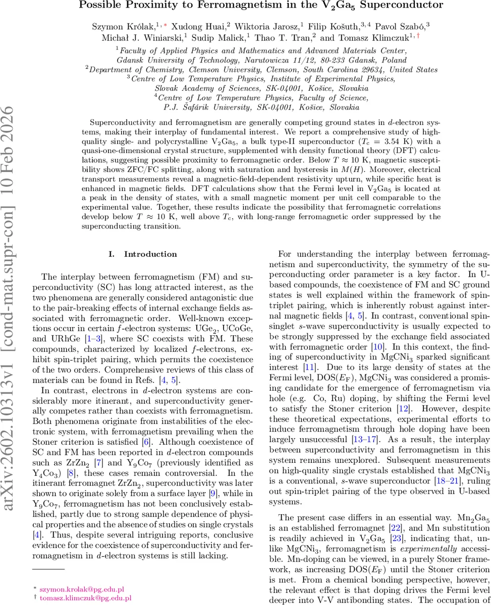 Possible Proximity to Ferromagnetism in the V$_2$Ga$_5$ Superconductor