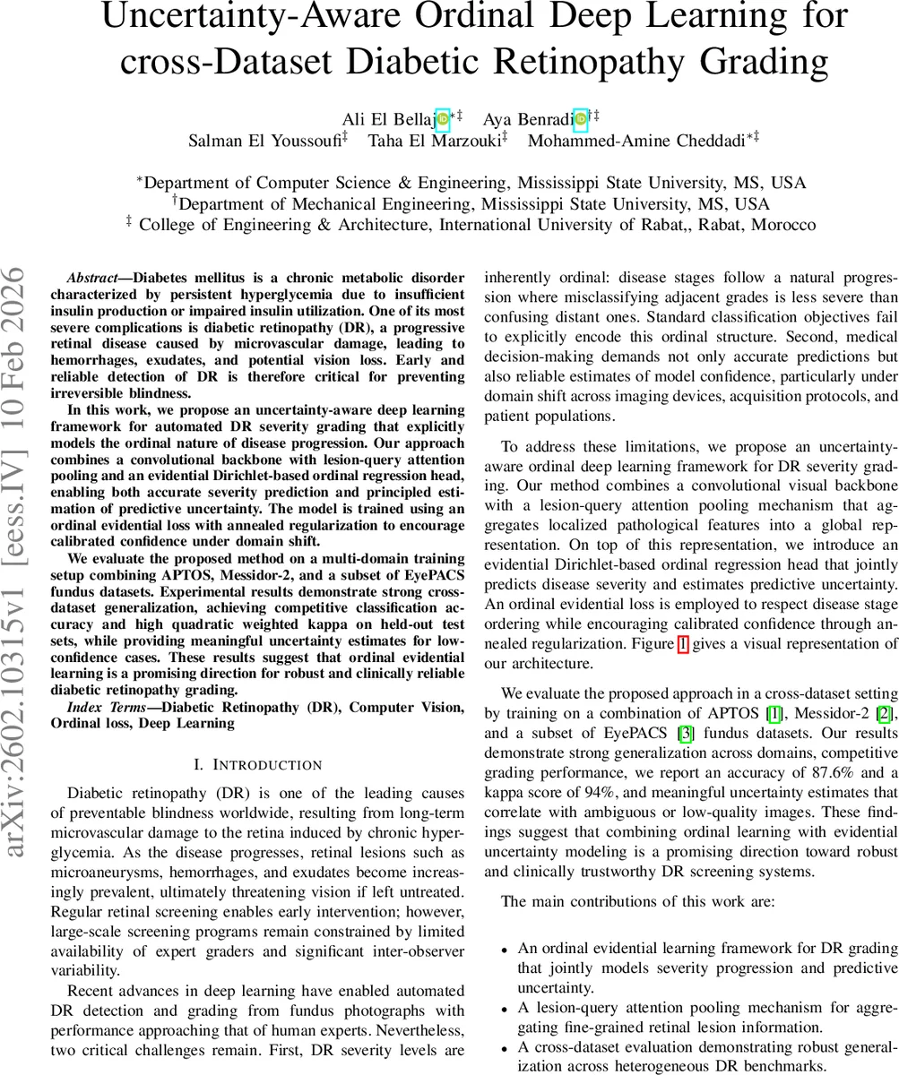 Uncertainty-Aware Ordinal Deep Learning for cross-Dataset Diabetic Retinopathy Grading