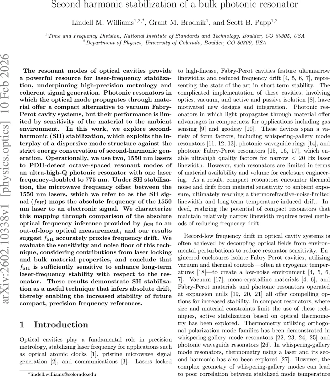 Second-harmonic stabilization of a bulk photonic resonator