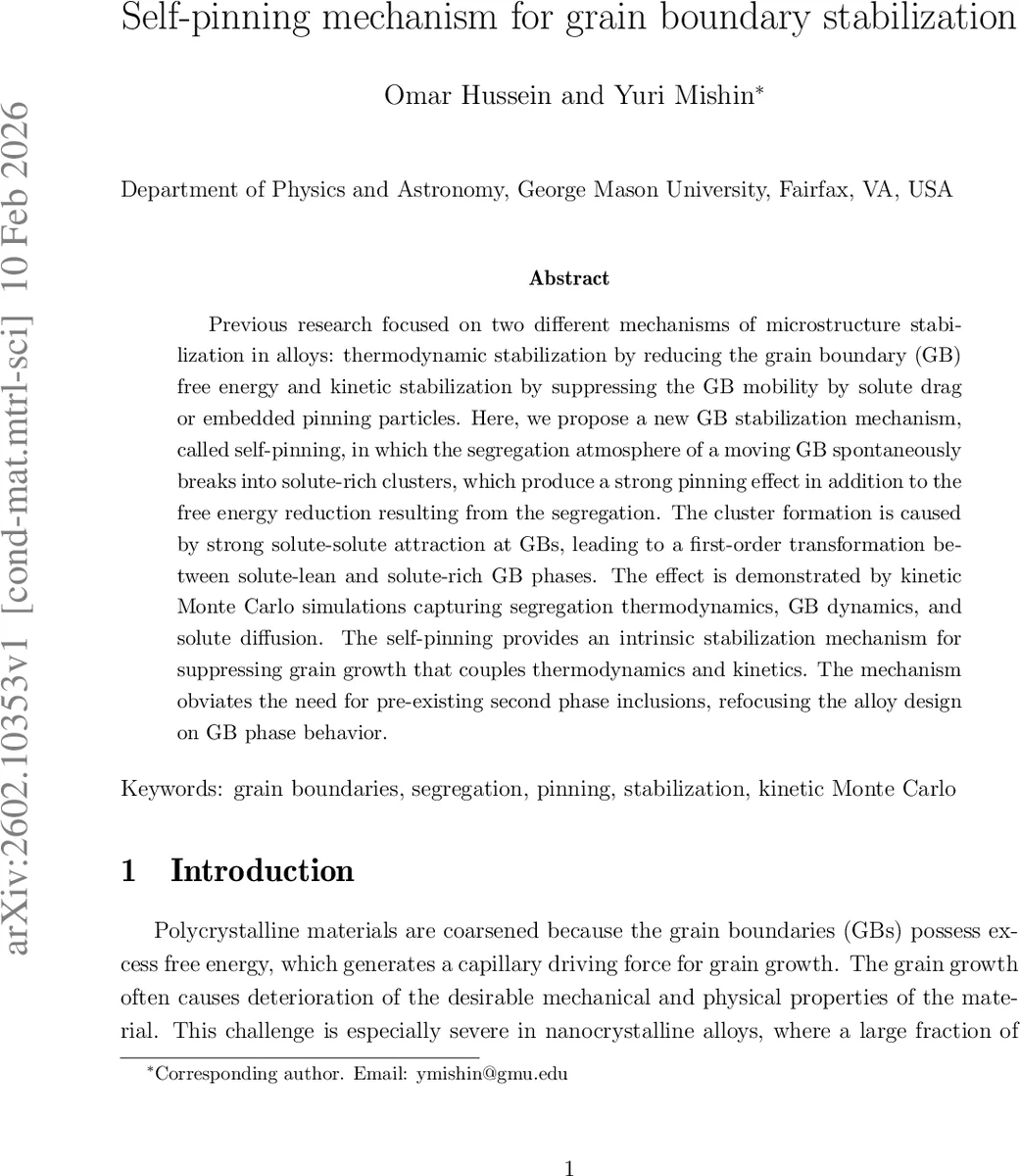 Self-pinning mechanism for grain boundary stabilization
