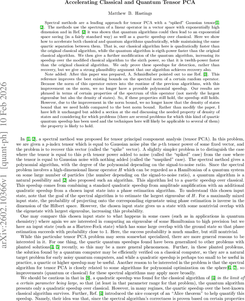 Accelerating Classical and Quantum Tensor PCA