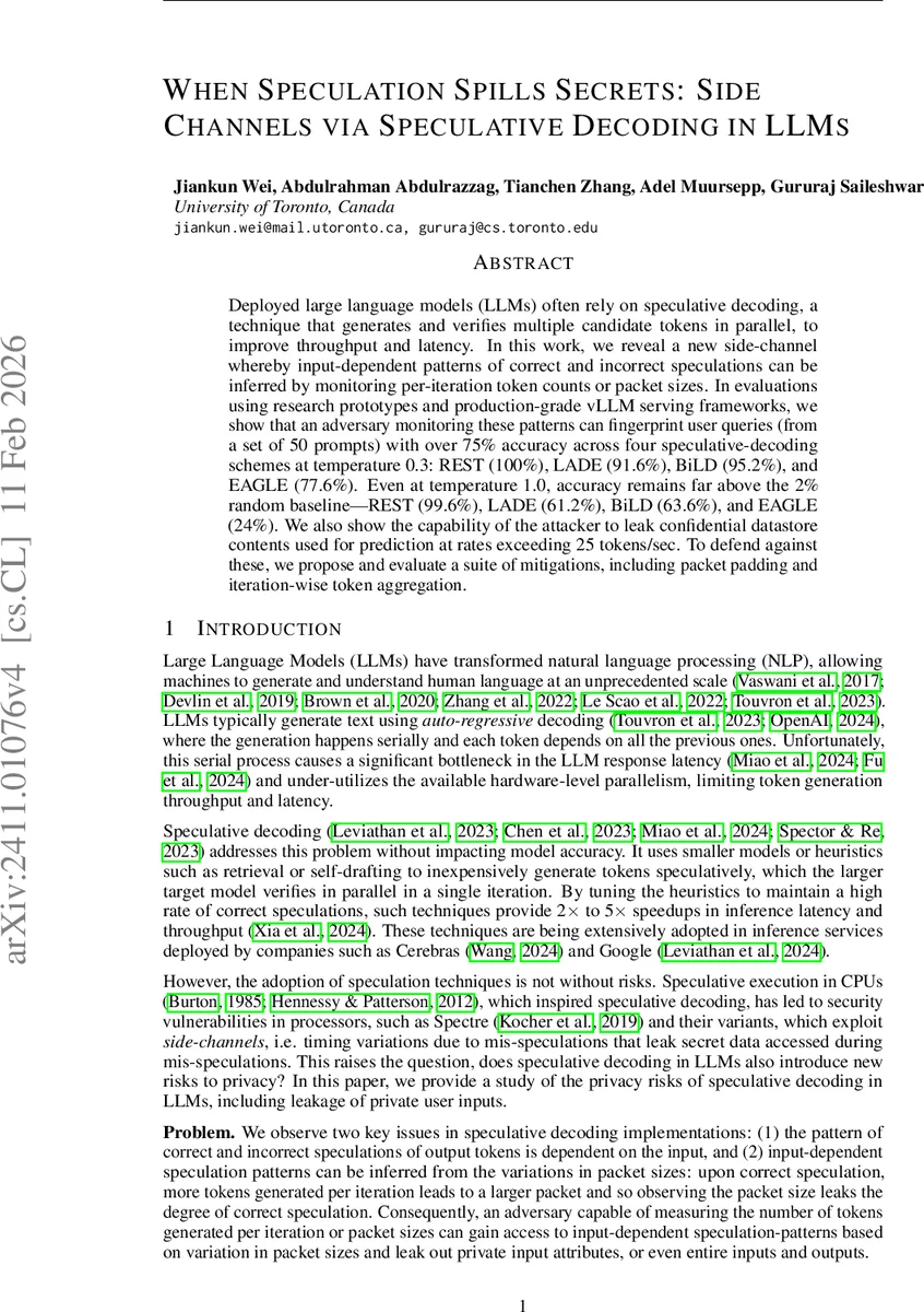 When Speculation Spills Secrets: Side Channels via Speculative Decoding In LLMs