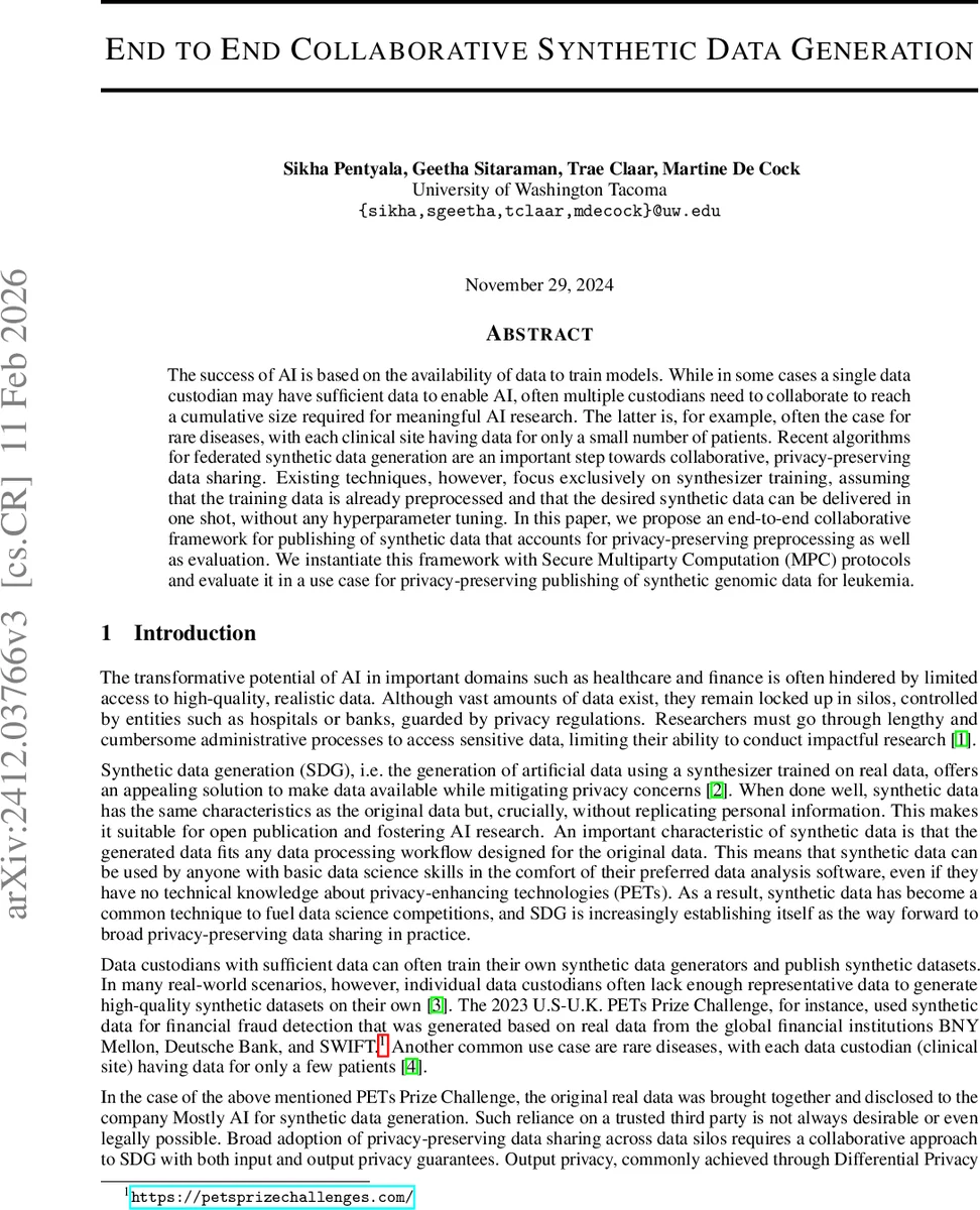 End to End Collaborative Synthetic Data Generation