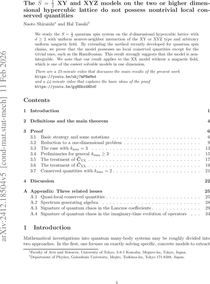 The $S=rac{1}{2}$ XY and XYZ models on the two or higher dimensional hypercubic lattice do not possess nontrivial local conserved quantities