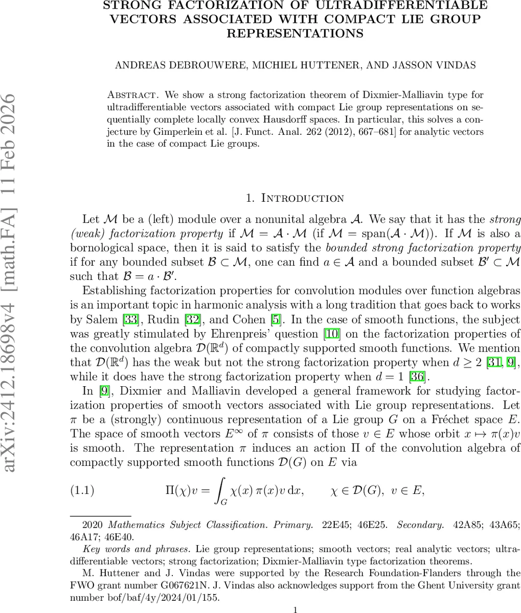 Strong factorization of ultradifferentiable vectors associated with compact Lie group representations